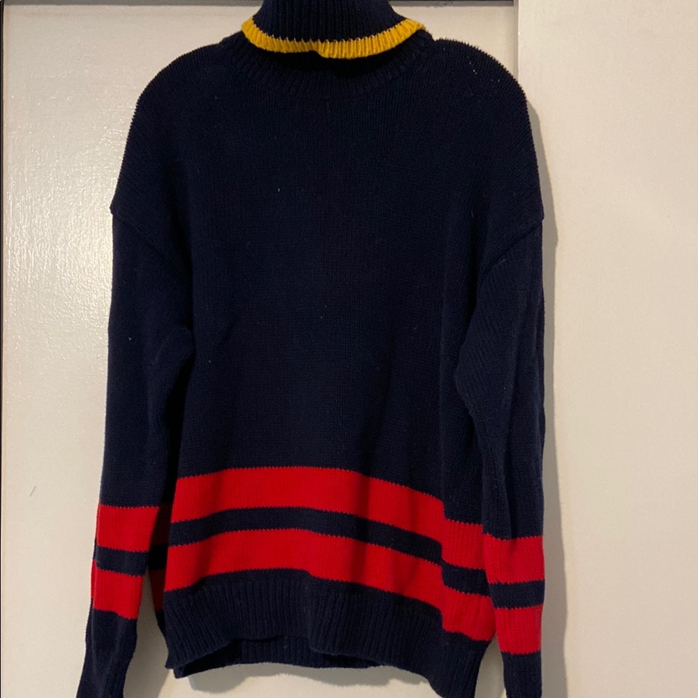 Polo Ralph Lauren Blue and Red Cowl Neck Sweater with Bold Stripes